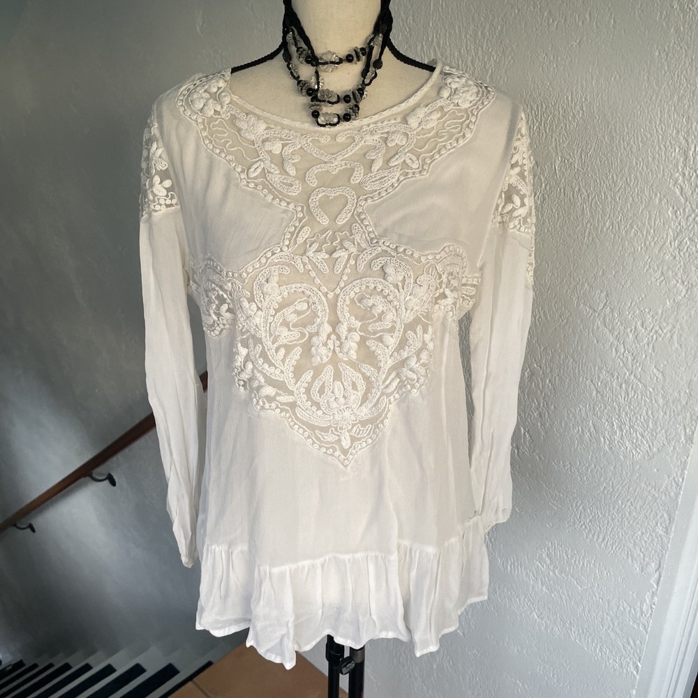ZARA Lace Embroidered Semi Sheer Boho Peasant Blouse White Long Sleeves Size M
